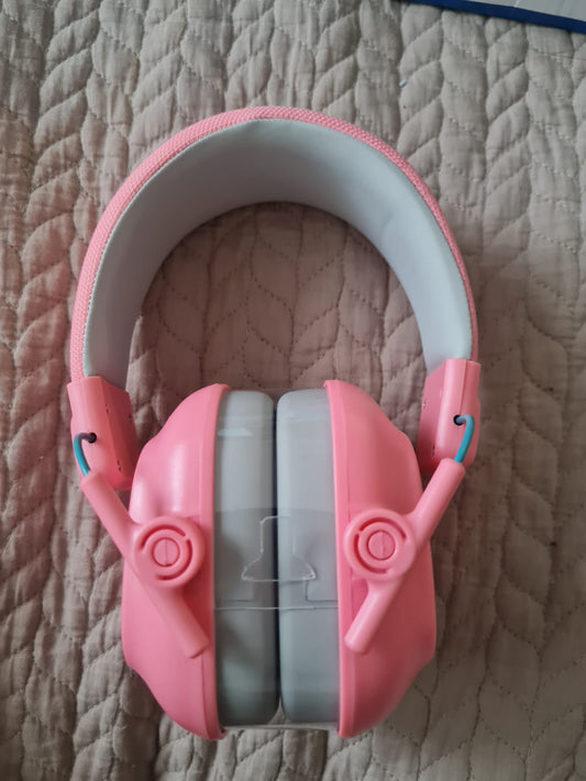 Orejeras de cancelación de ruido premium rosado, vistas y detalles