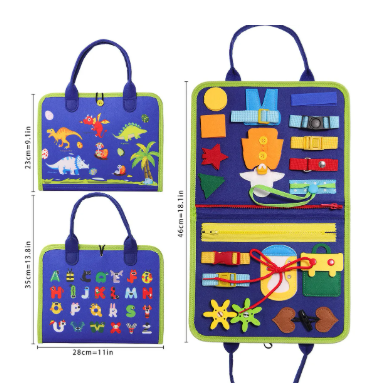 Libro sensorial Montessori 3 páginas – busy book portátil (dinosaurios/abecedario)