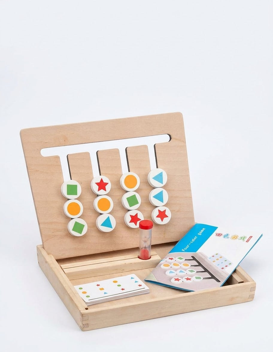 Juego de cuatro colores de madera con fichas deslizantes y reloj de arena